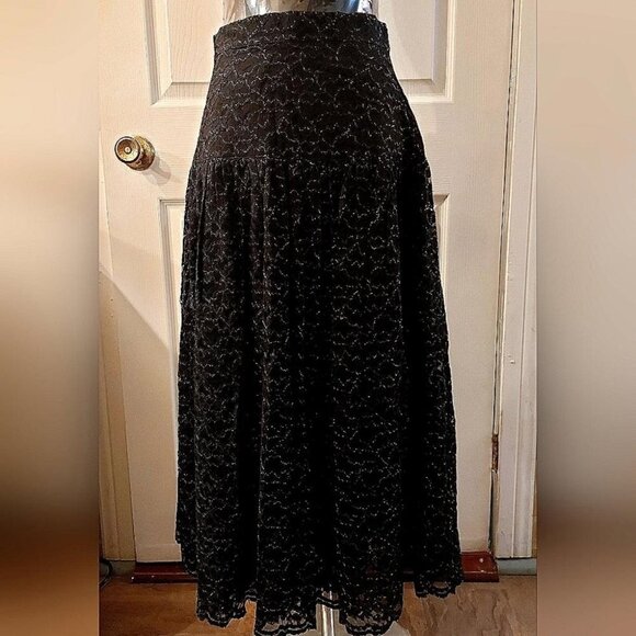 Gothic Romantic Lace Midi Shimmer Drop Waist Flowy Skirt Holiday Glam - Picture 2 of 12